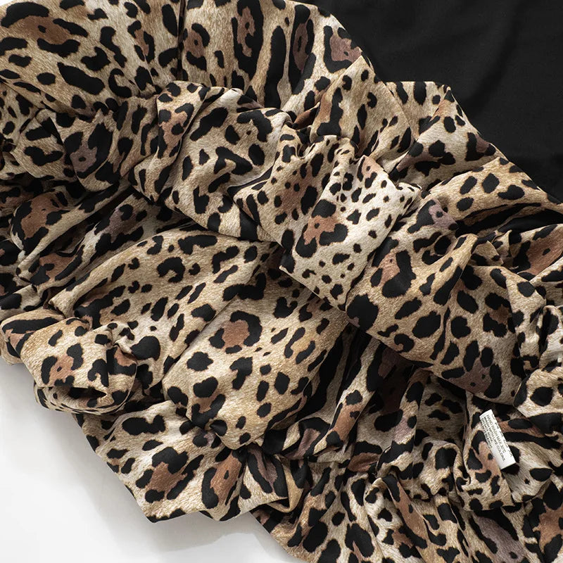 Chic Spliced Leopard Print Dress for Women Off Shoulder Strapless Slim Mini Dress