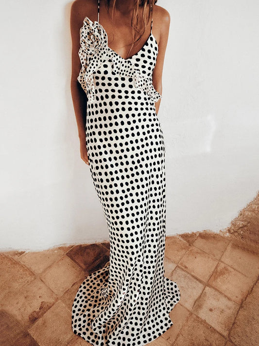 Backless  Print Dots Flower Women Maxi Dress Spaghetti Strap Evening Dress