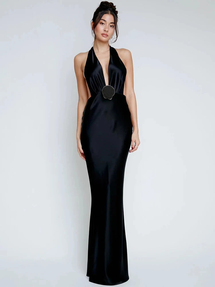 Fantoye Satin Deep V-neck Flower Women Maxi Dress Black Backless Bandage Solid Evening Dress Female Slim Elegant Party Clubwear