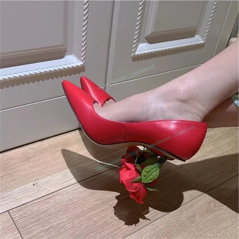 Black Matte Leather Rose Heel Pumps Pointed Toe Shoes