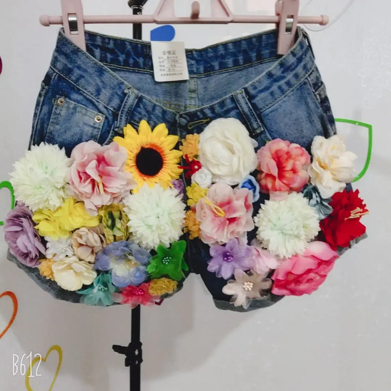 Handmade 3D Flowers Sequins Beads Slim Denim Shorts Summer High Waist Short Jeans Trousers Floral Embroidery Pantalones