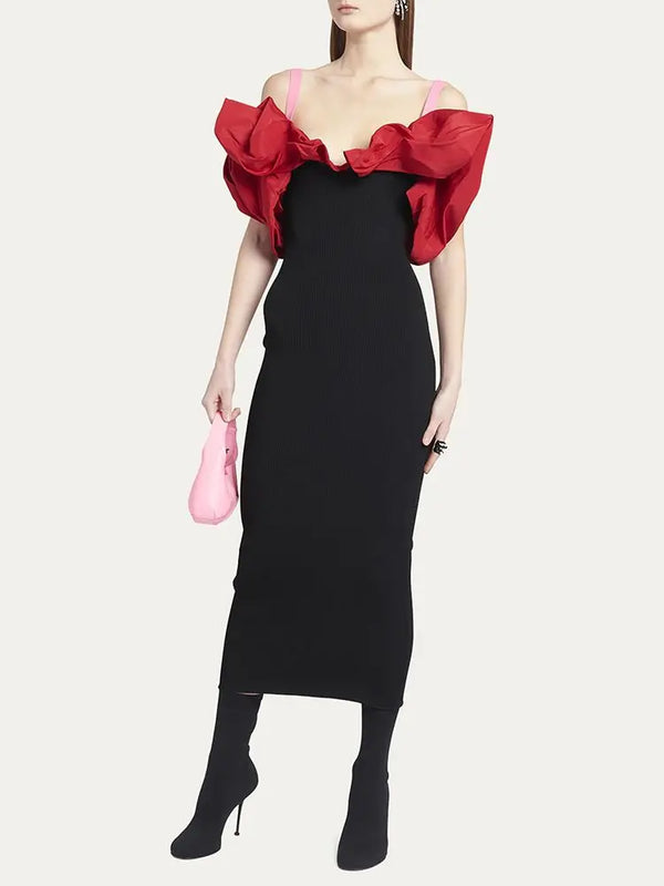 Red Black Ruffle Edge Sexy Off Shoulder Midi Bandage Dress Elegant Celebrity Party Dress