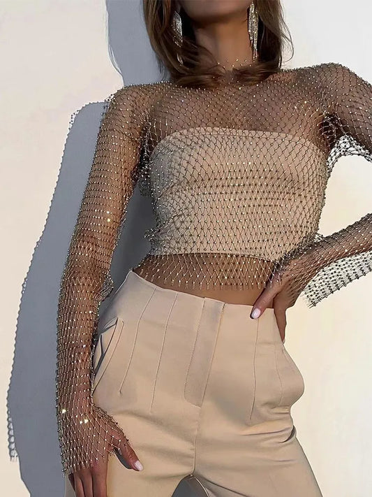 Mesh See Through T Shirt Shiny Rhinestone Fishnet Hollow Out Crop Top