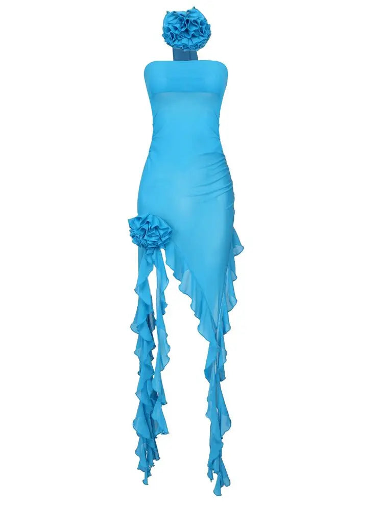 New Women's Strapless Transparent Mesh Bodycon Beach Party Club Irregular Ruffled Flower Sleeveless Dress