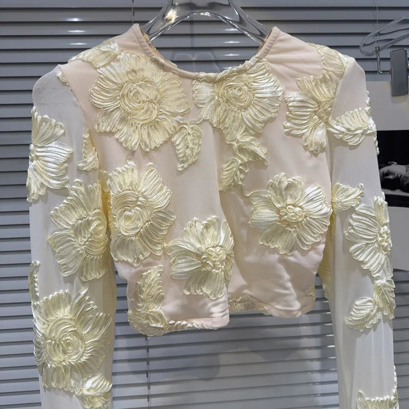 New O-neck Long Sleeved Embroidered Flower Hollow Slim Fit T-shirt+Elastic Waist Skirt Two Piece Set