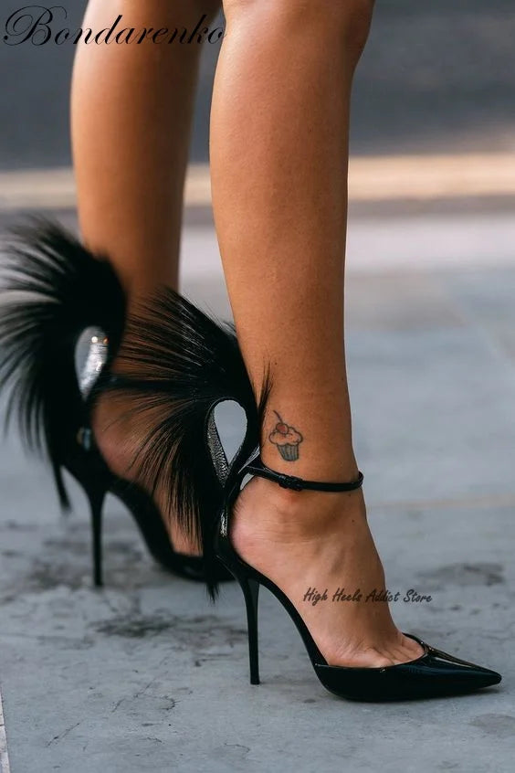Black Feather Leather Pumps Heart Pointed Toe Stilettos
