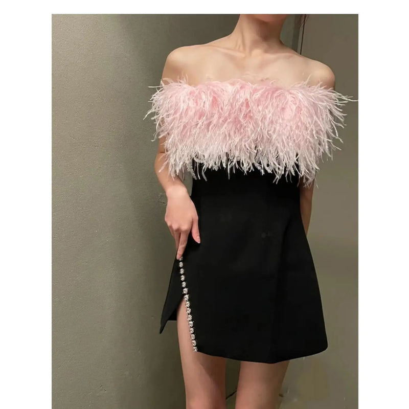 Sweet High Waist Sleeveless Feather Stitching Slim Fit Party Short Dress