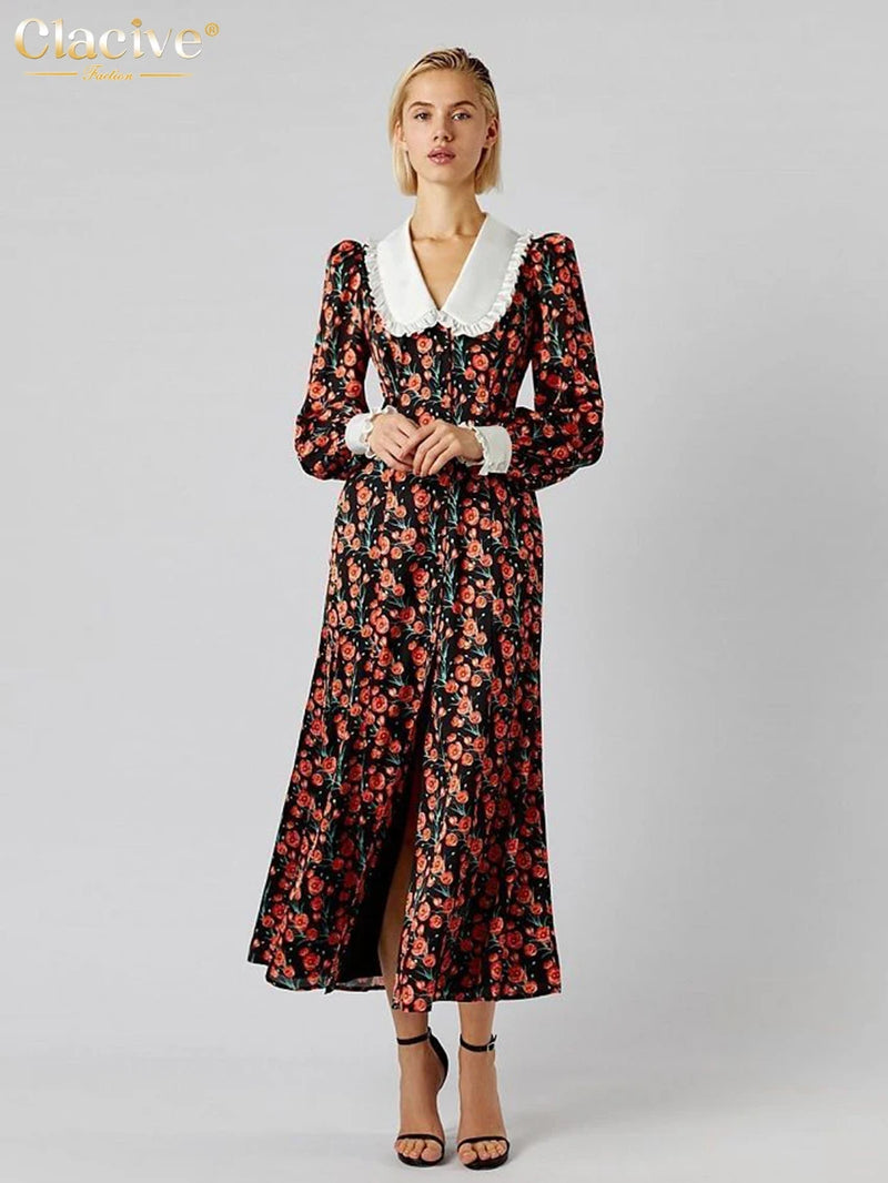 Elegant Doll Collar Long Sleeve Midi Dress Casual Single Breasting