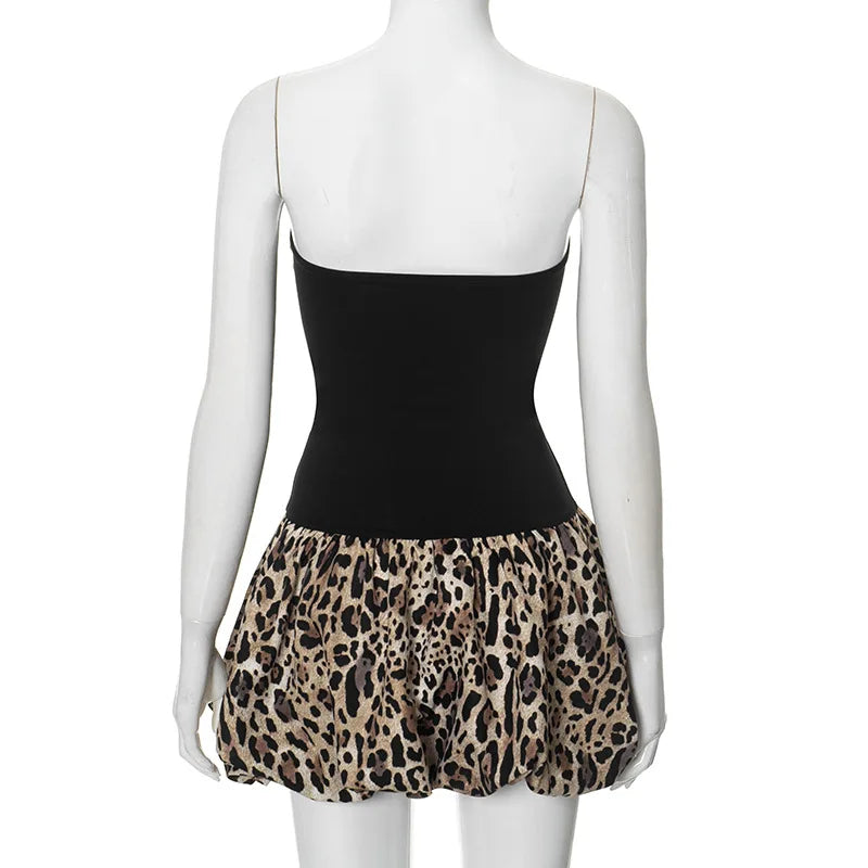 Chic Spliced Leopard Print Dress for Women Off Shoulder Strapless Slim Mini Dress