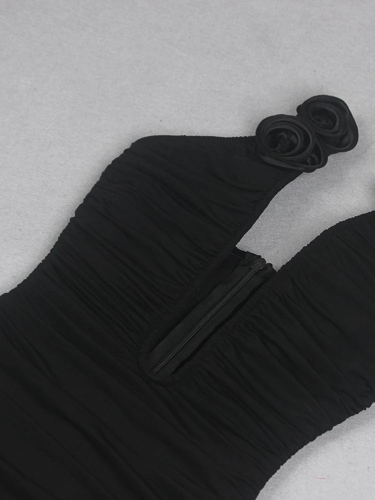 New Women's Black Backless Sleeveless Flower Detail Pleated Maxi Bandage Dress Elegant Celebrity Party Dress