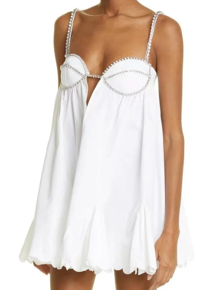 Pleated With Drill Chain Solid Dress