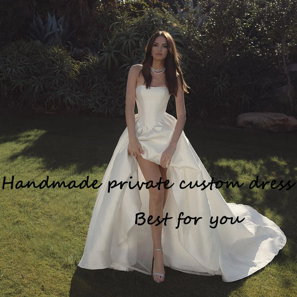 Ivory Satin Wedding Dresses for Bride Strapless A Line Simple Civil Bride Dress with Slit Train Long Beach Wedding Gowns