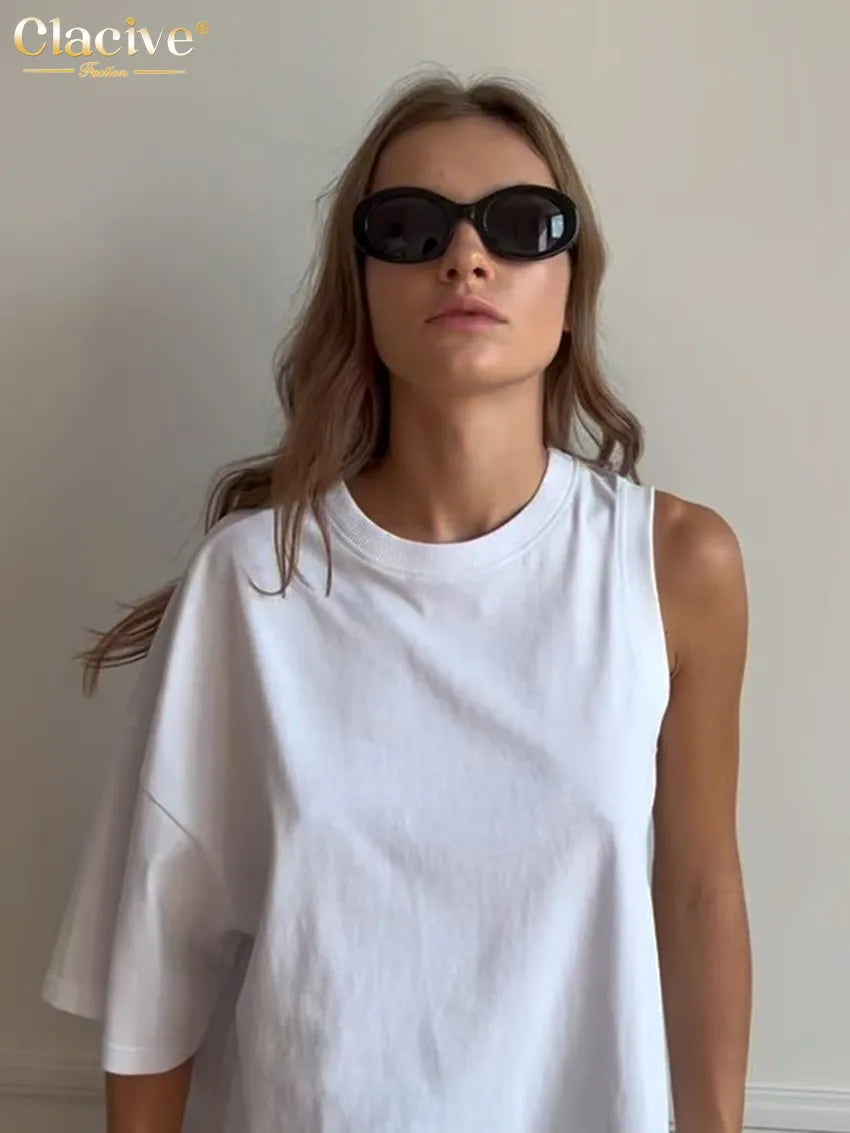 O-Neck Short Sleeve T Shirt Elegant Chic Asymmetry Tops