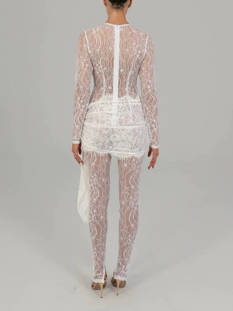 Long Sleeve Lace Jumpsuit Lace See-through Rompers Basic Skinny High Elasticity Leggings
