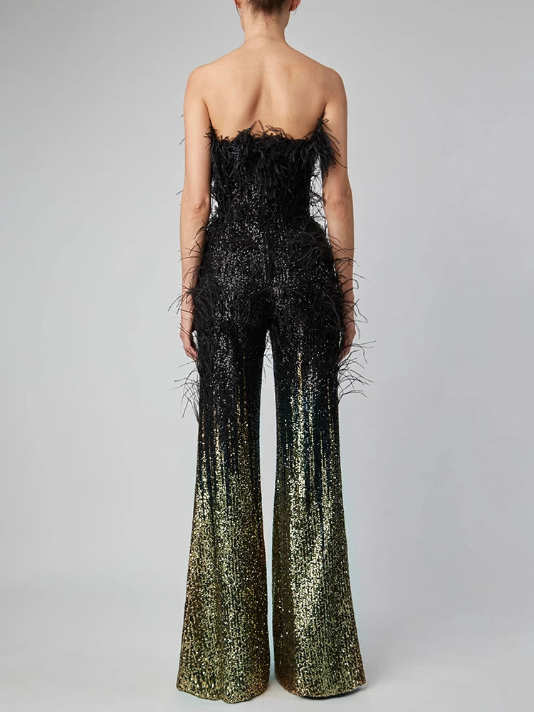 Summer Luxury Strapless Backless Feather Mesh Sequins Bodycon Jumpsuit Celebrity Designer Bodycon