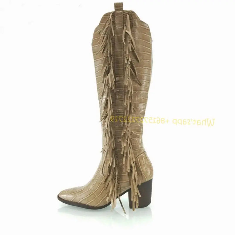 Croc Pattern Cowboy Cowgirl Knee High Boots Pointed Toe High Heels Chic Western Boots Chunky Heels l