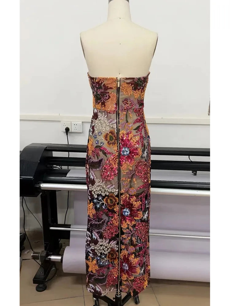 Strapless Designer Embroidery Flower Long Bodycon Gowns Dress Elegant Evening Party Club Dress