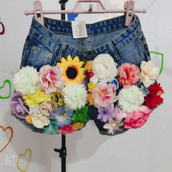 Handmade 3D Flowers Sequins Beads Slim Denim Shorts Summer High Waist Short Jeans Trousers Floral Embroidery Pantalones