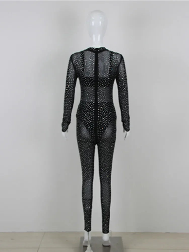Rhinestone Mesh See Though Black Bodycon Jumpsuit Designer