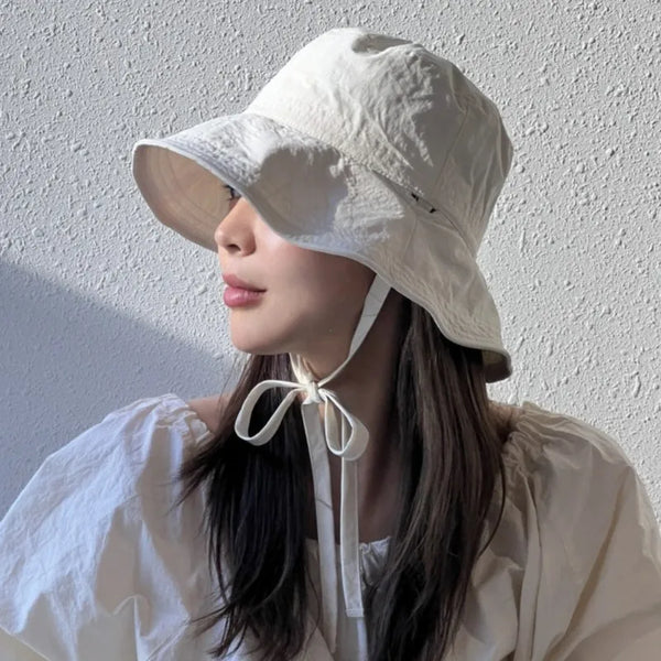 Korean Ins Lace-up Fisherman Hat Women Ins Blogger Lightweight Windbreak Rope Sunshade Basin Hat Sun Bucket Hat