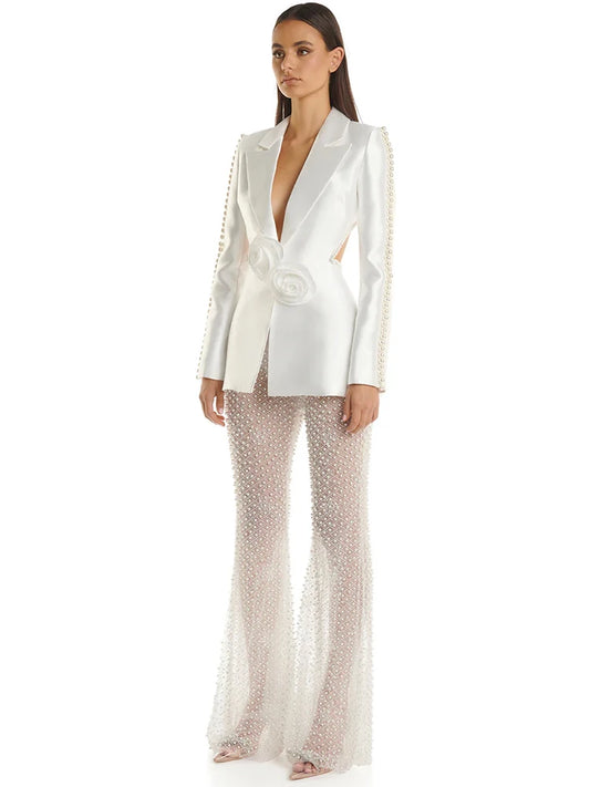 HIGH STREET Newest Designer Runway Fashion Women's Hollow Out Flowers Appliques Pearls