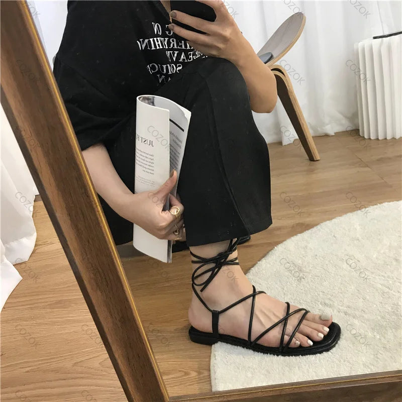 Sandals Flat Casual Cross-Tie Open Toe Fairy Style Narrow Band Shoes Black Rome Sandals