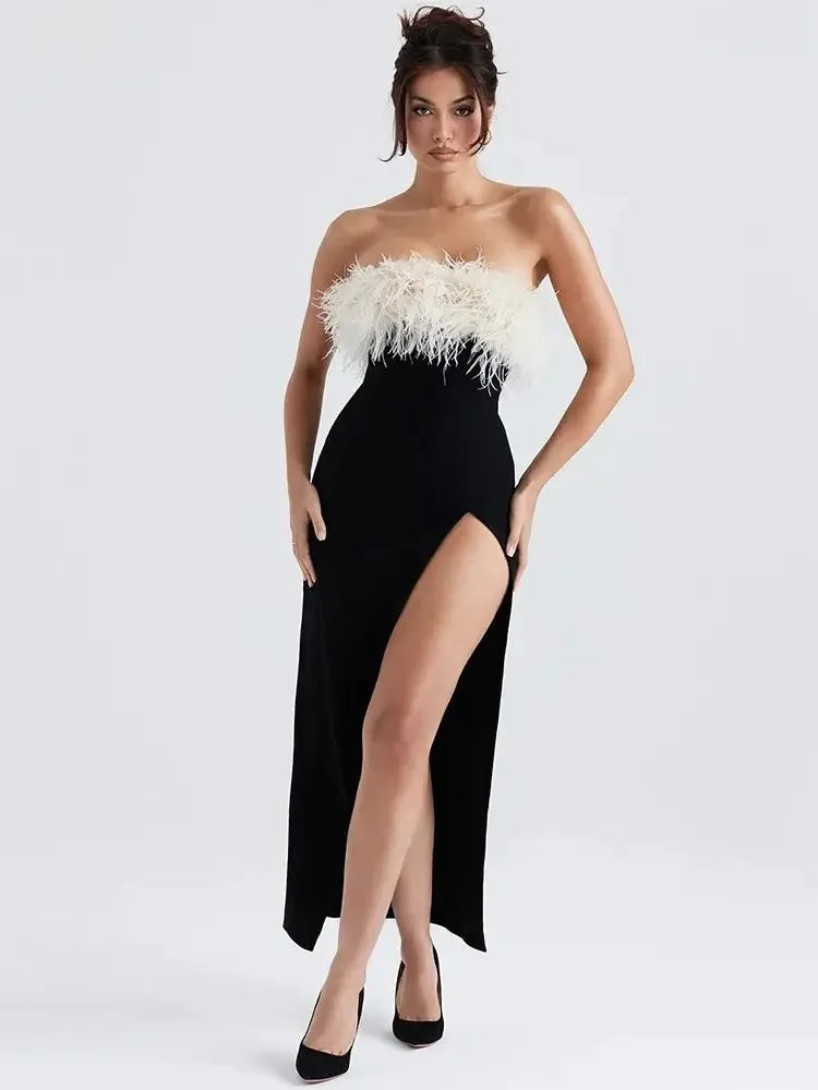 Evening Party Long Tight Bodycon Elegant Feather Strapless Side Split Birthday Club Clothing