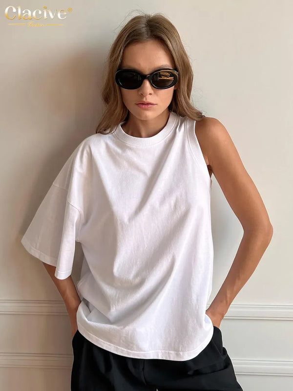 O-Neck Short Sleeve T Shirt Elegant Chic Asymmetry Tops