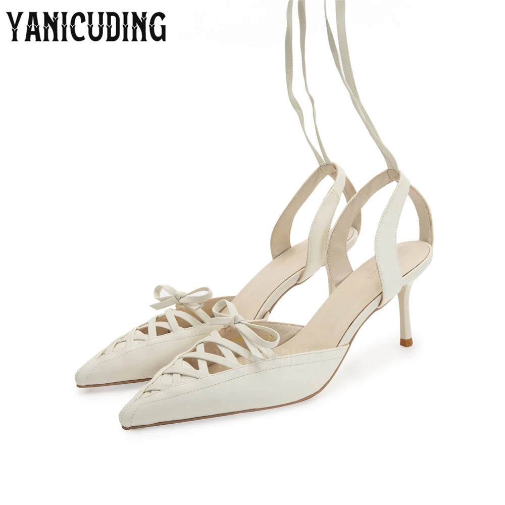 Pointed Toe Strappy Stilettos Women's Satin Kitten Heels Summer Shoes Sweet Style Lace-Up Ankle Straps Summer Shoes New Arrival