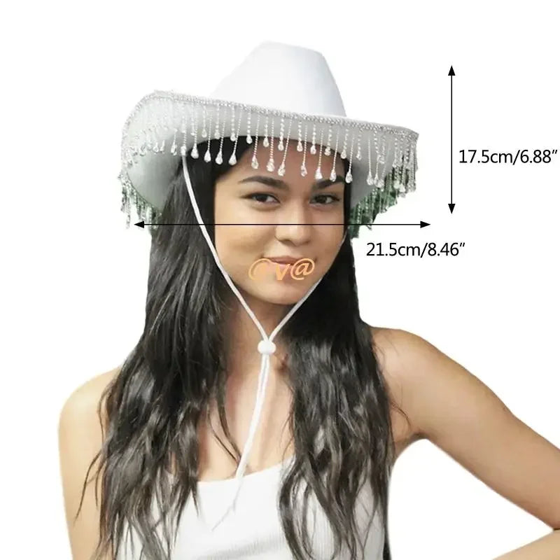 Diamond Fringe Bride Cowgirl Hat Summer Vintage Cowboy Hat Rhinestone Fringe Cowgirl Hat Gift for Women Girl Western Hat