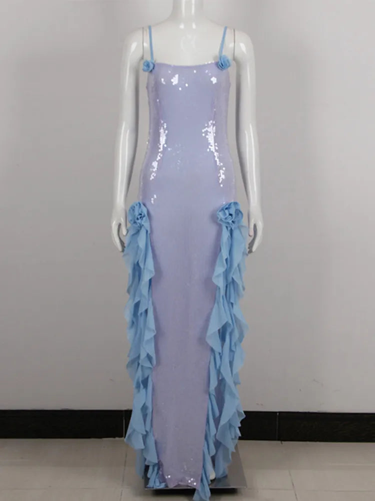 Luxury Flower Mesh Sequins Sky Blue Glitter Maxi Long Gowns Dress