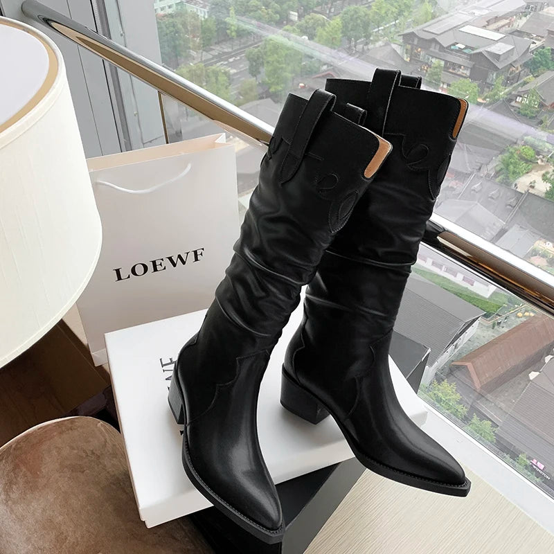 Retro Leather Boots Chunky High Heels Western Cowboy Boots Knee High Boots Pointed Toe Slip-on Long Boots Botas