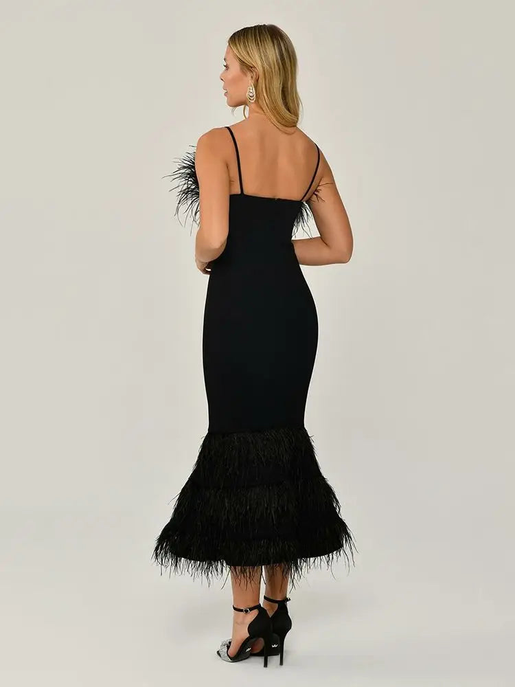 Sleeveless Strapless Feather Mermaid Midi Bandage Dress Black Elegant Celebrity Party Dress