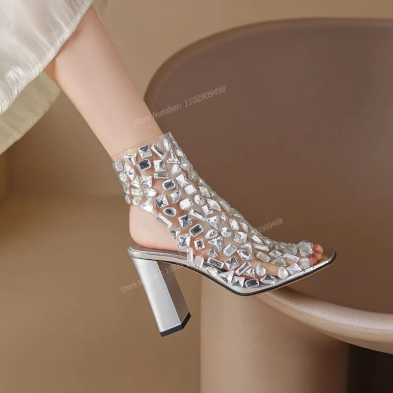 Silver Crystal Decor Peep Toe Sandals Square Toe Shoes