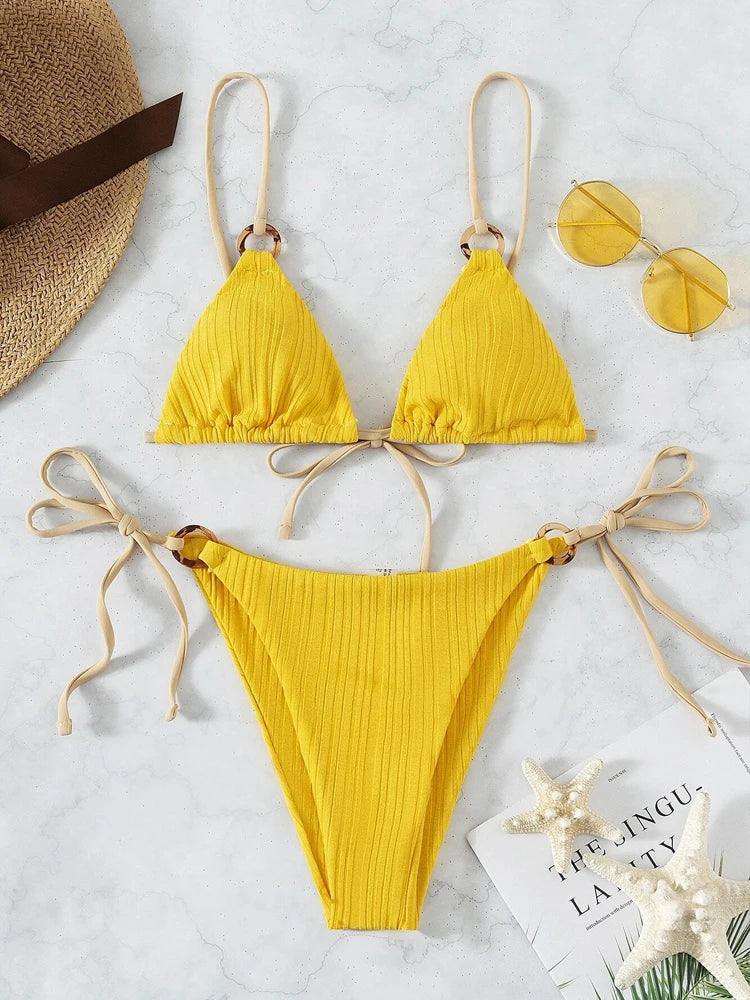 Bikini Set Cute White Ring Linked Triangle Tie Side Triangle Thong Biquini Swimsuit Swimwear Women Bathing Suit