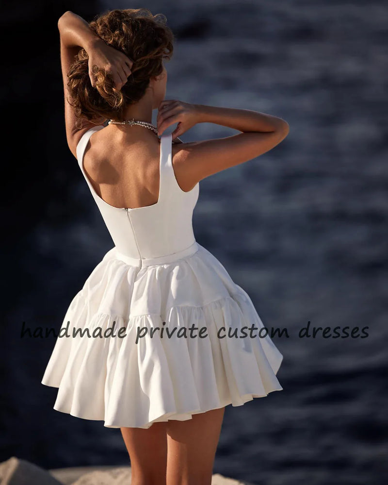 White Mini Wedding Party Dresses Square Neck Draped Satin Sexy Short Bride Evening Dresses Beach Bridal Prom Party Gowns