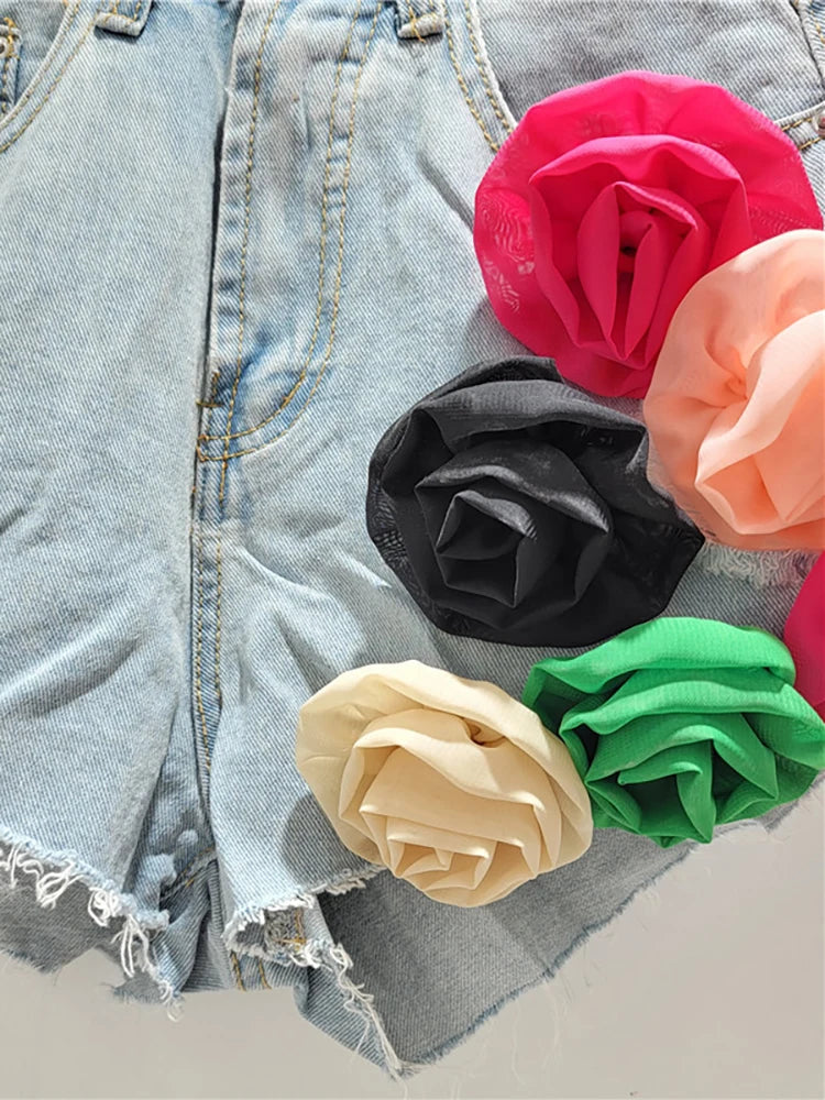 Denim Shorts Colored 3d Mesh Flowers Wide Leg Broken