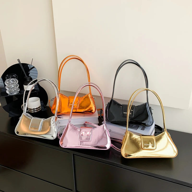 Small Pink Shoulder Bags for Women Spring Designer Silver Fashion Handbags Trend Leather Underarm Ladies Solid Color Gold