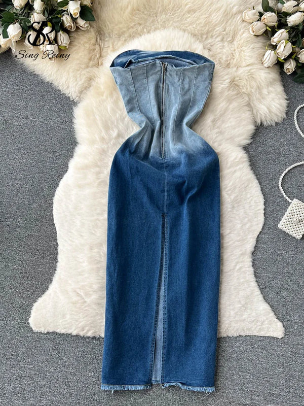 Summer Gradient Strapless Denim Dress