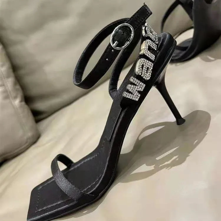 Black high-heeled sandals one-line buckle summer new diamond-lettered square high heels