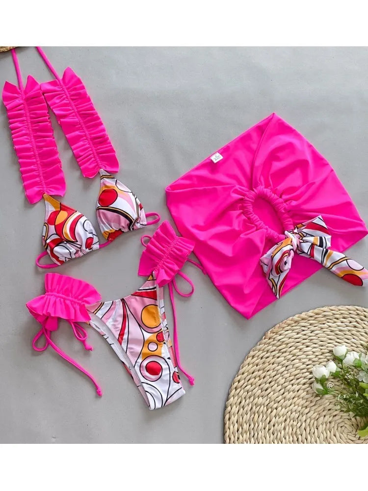 Retro Bikini Printed Fashion Bikini Set Swimsuit And Cover Up With Skirt