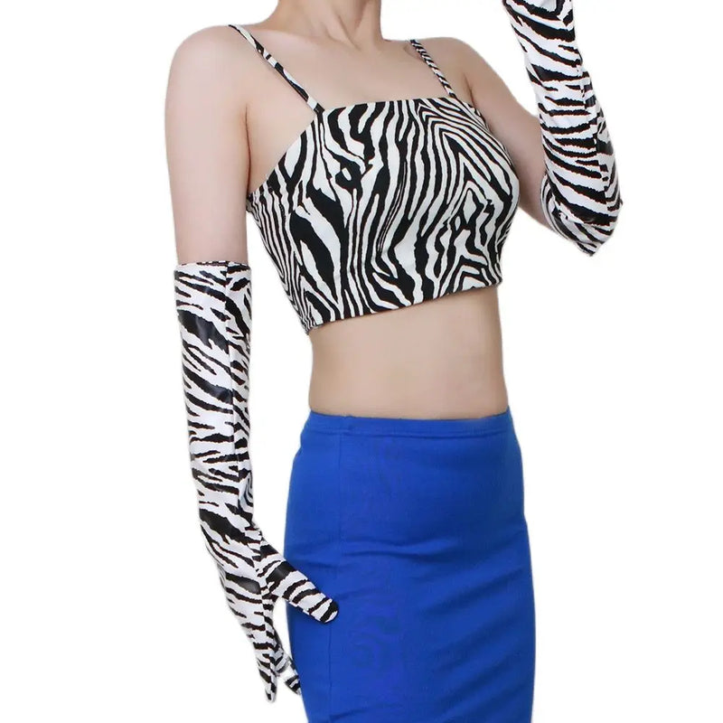 LATEX LONG GLOVES Shine Leather PU 28" 70cm Animal Print Black White Tigar Zebra Women Long Leather Gloves WPU208