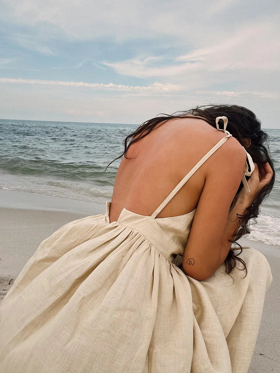 Bornladies Spring Summer Beach Style Women Dress Vintage Loose A-line Sling Dress