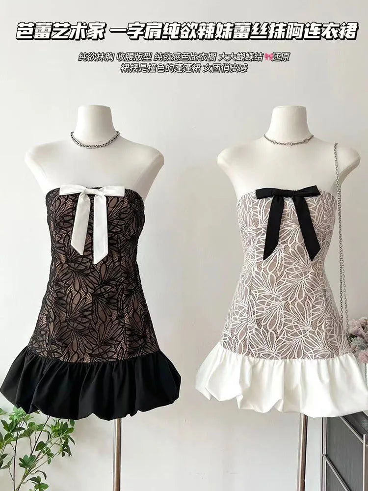 Fashion Elegant Fairy Dress Slim Low Chest Wrapped Bow Sweet Patchwork Design