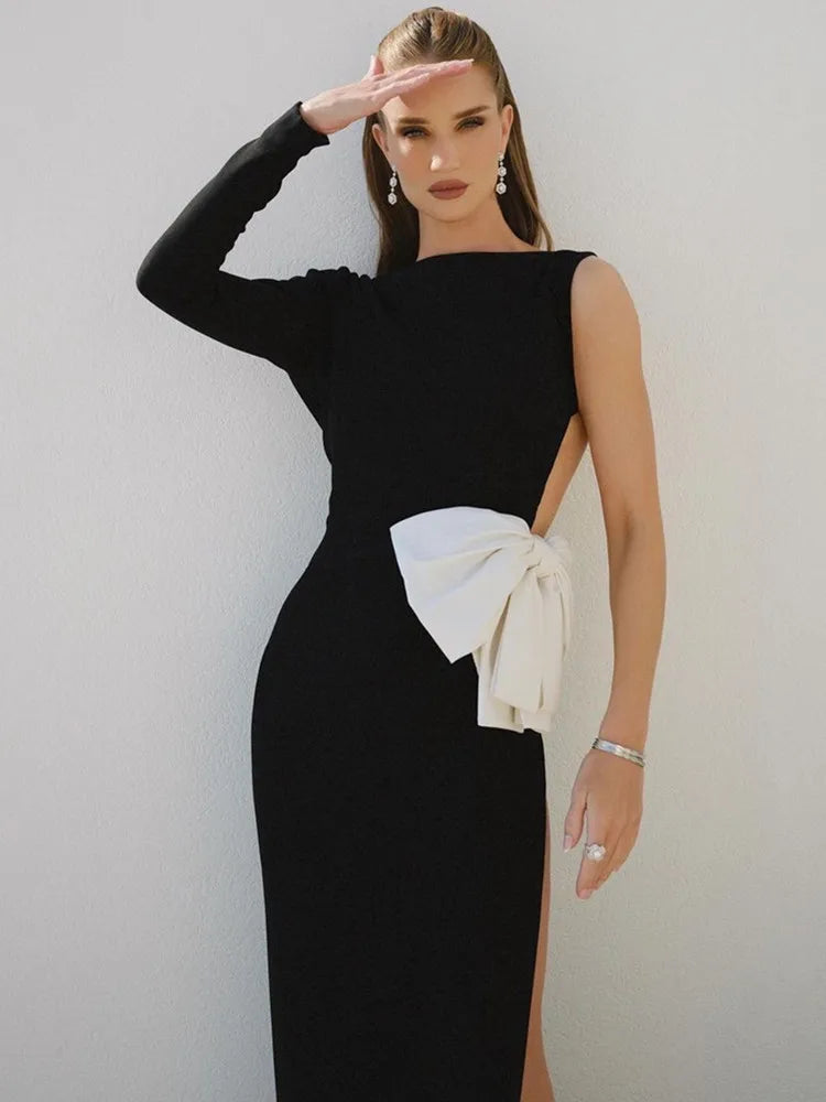 Long Sleeve Bow Tie Backless Black Maxi Long Dress