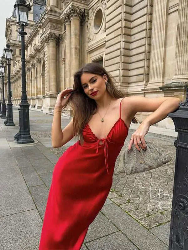 Backless Red Satin Maxi Dress Elegant V Neck Lace Up Dress Sleeve Ladies High Street Vestidos