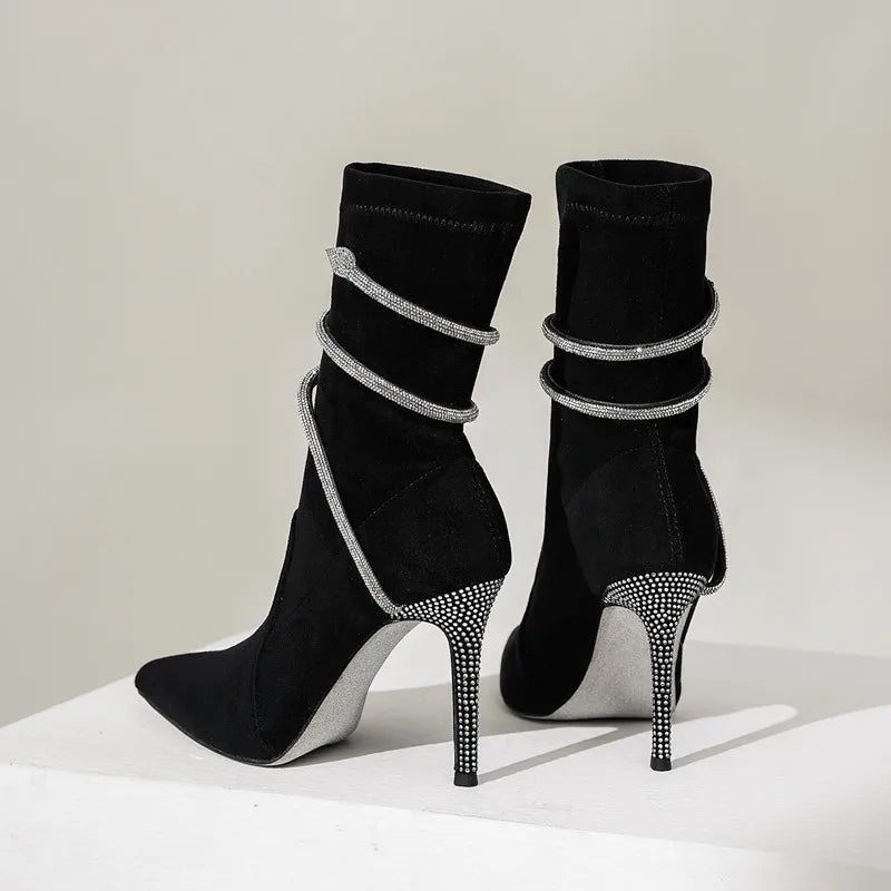 Autumn Winter Fashion Faux Suede Snake Coiled Women Boots Luxury Crystal Stiletto High heels Ankle Boots Shoes Botas Mujer