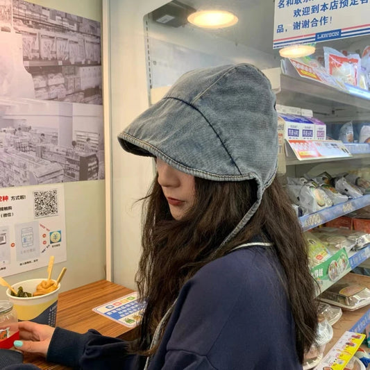 Japanese and Korean Retro Denim Bucket Hat Women's Fashion Tie Four Seasons Washed Denim Basin Hat Short Brimmed Sun Hat