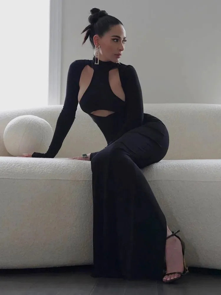 Hollow out High Neck Long Sleeve Tight Long Dress Elegant Celebrity Party Dress Vestidos