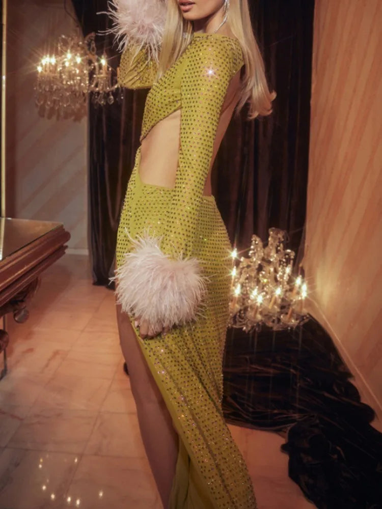 New Backless Long Sleeve Crystal Diamonds Long Dress Stretched Split Evening Party Night Club Dress